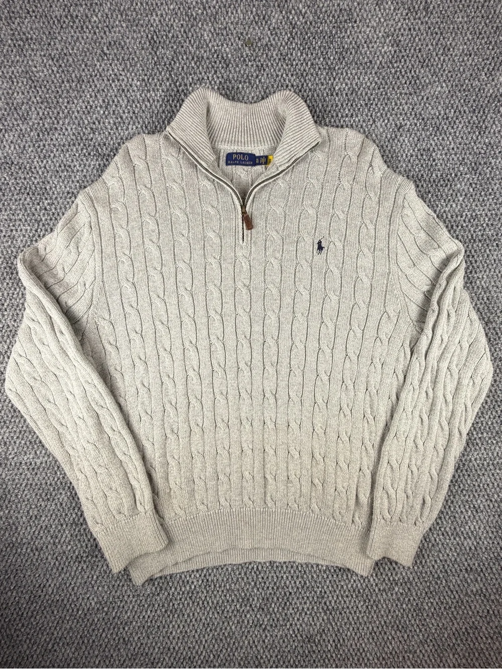 Polo Ralph Lauren Men’s XL Cable Knit Quarter  Zip Sweater Gray 100% Cotton